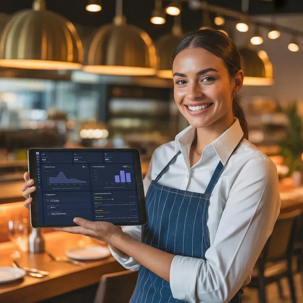 Dueña de restaurante con menú digital