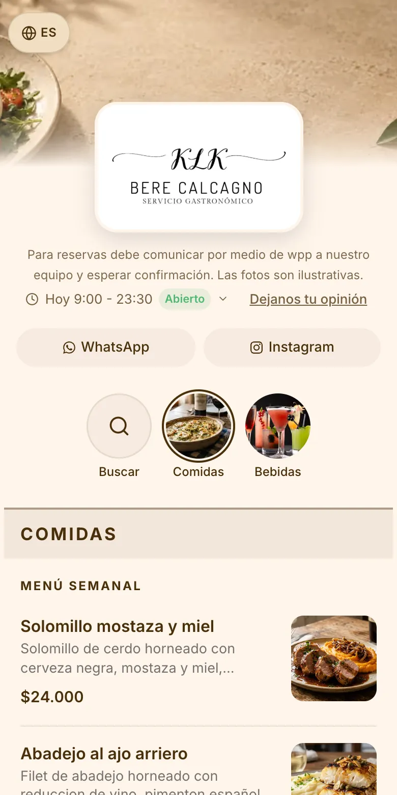 Menú digital de Bere Calcagno