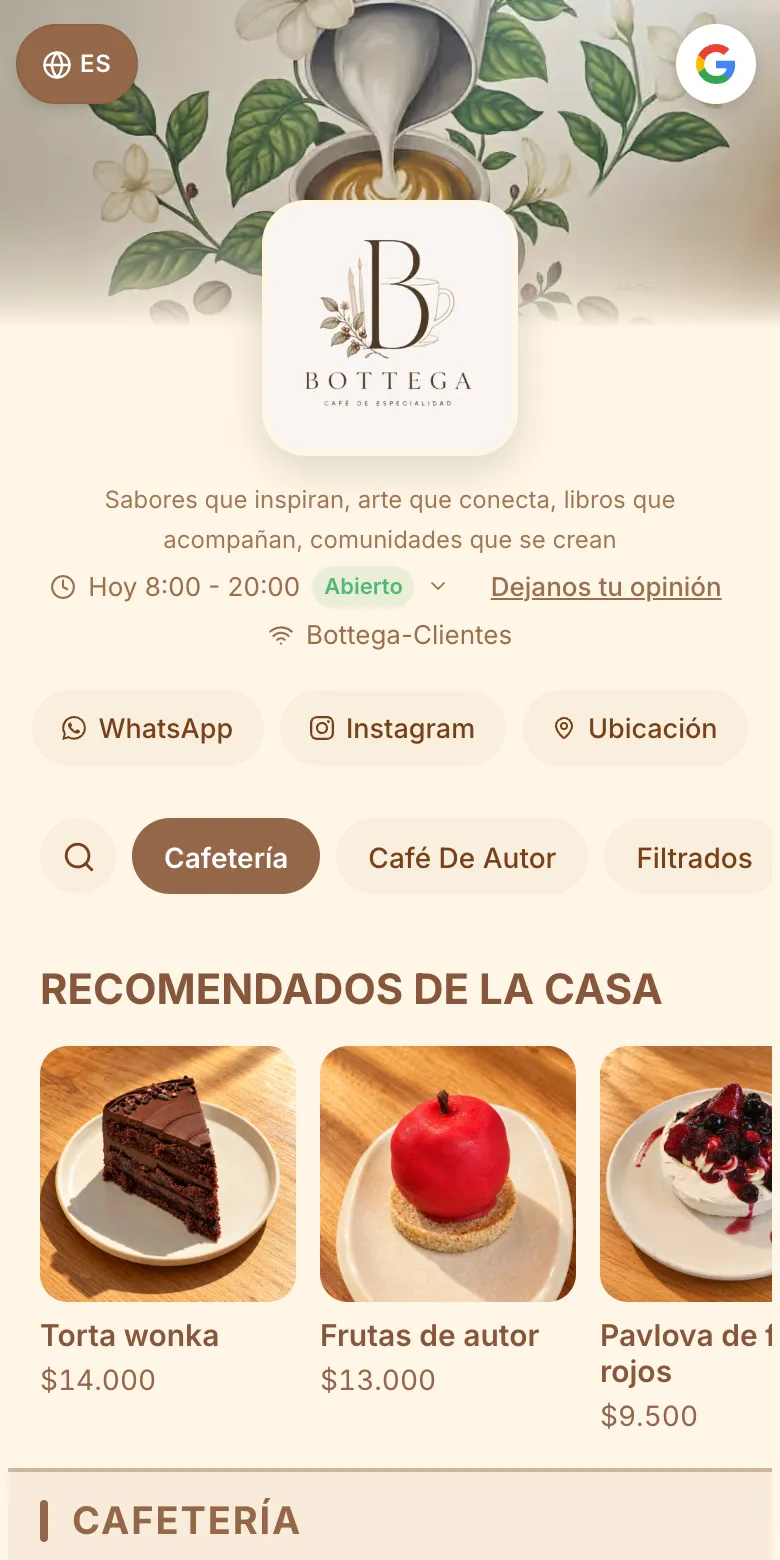 Menú digital de Bottega