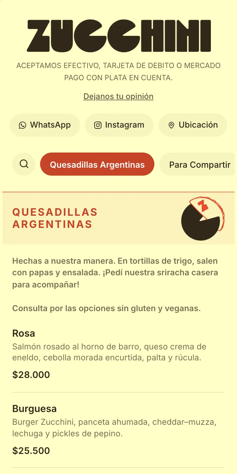 Menú digital de Zucchini