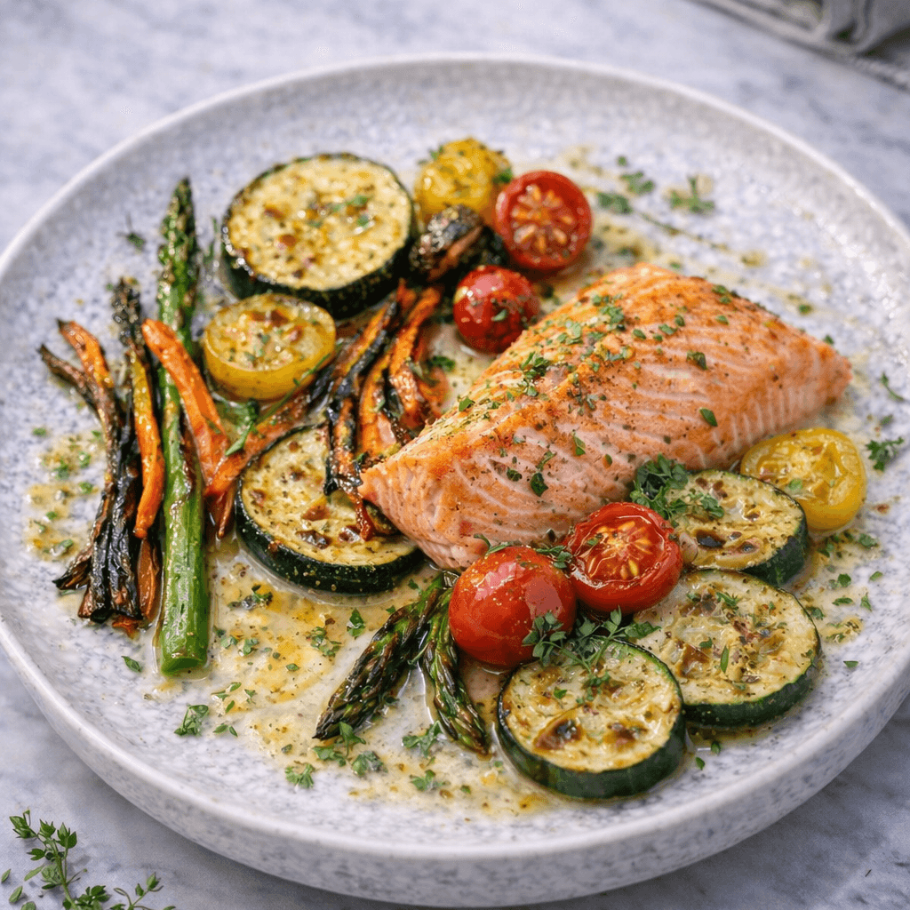 Trucha patagonica mas vegetales grillados