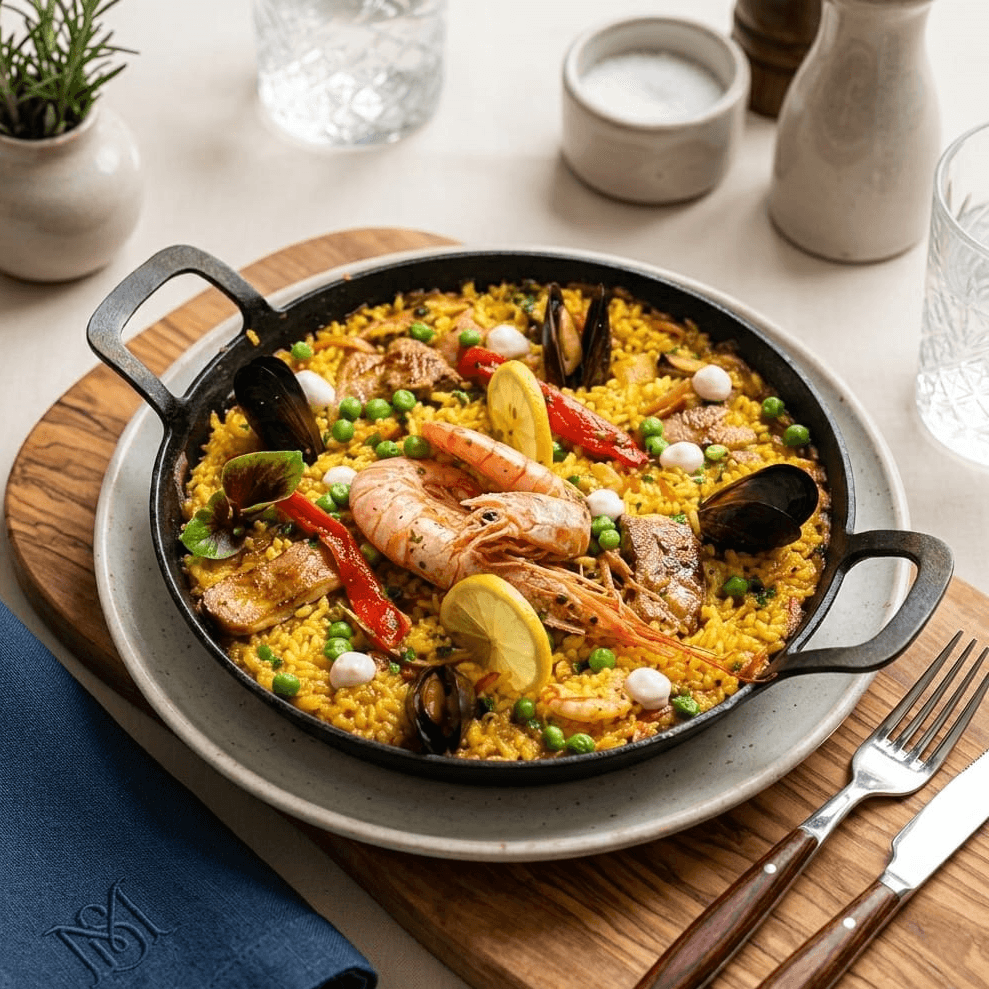 saffron rice, shrimps, prawns, mussels and squid ring